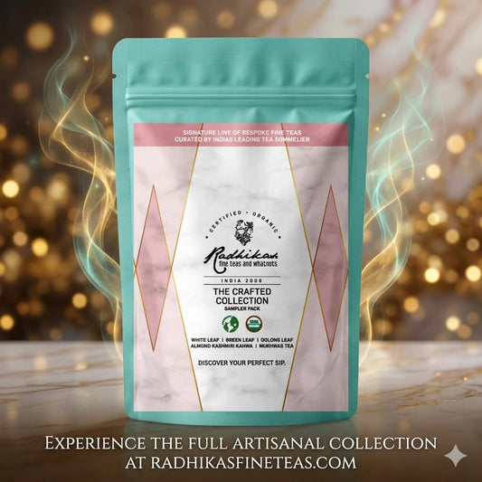 Tea package with decorative background and promotional text