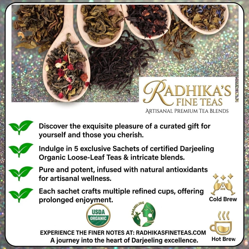Promotional image for Radhika's Fine Teas with tea leaves and branding details.