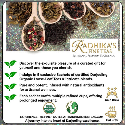 Promotional image for Radhika's Fine Teas with tea leaves and branding details.