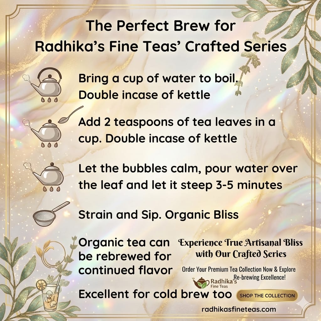 Tea brewing instructions for Radhika's Fine Teas with decorative elements.