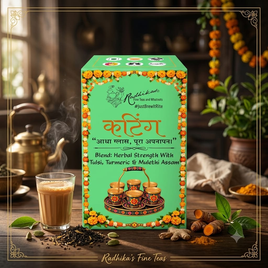 A green box of Radhika's Fine Teas Karthein herbal tea is displayed on a rustic wooden table with a glass of brewed tea, turmeric root, ginger, and a brass teapot in a warm, blurred kitchen setting.