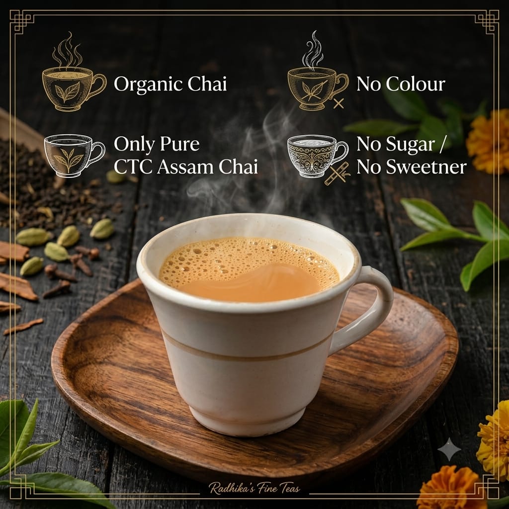A steaming cup of organic CTC Assam chai tea on a wooden saucer, set against a dark rustic background with decorative leaves, spices, and text overlays describing the product qualities.