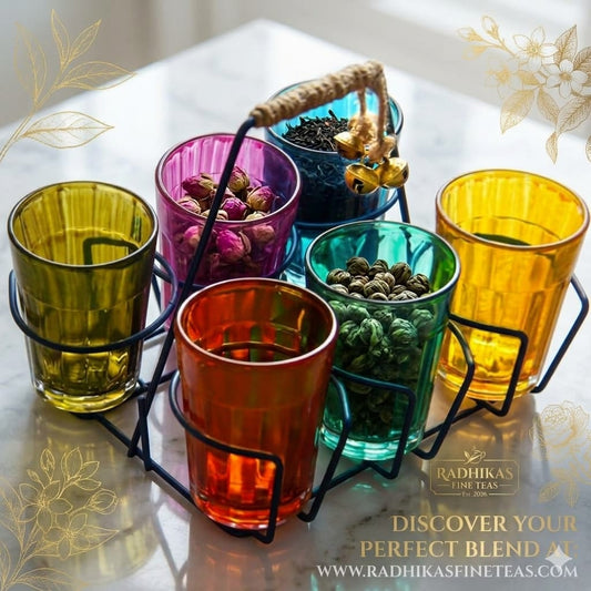 Colorful glass cups with tea accessories on a stand, featuring Radhika's Fine Teas branding.