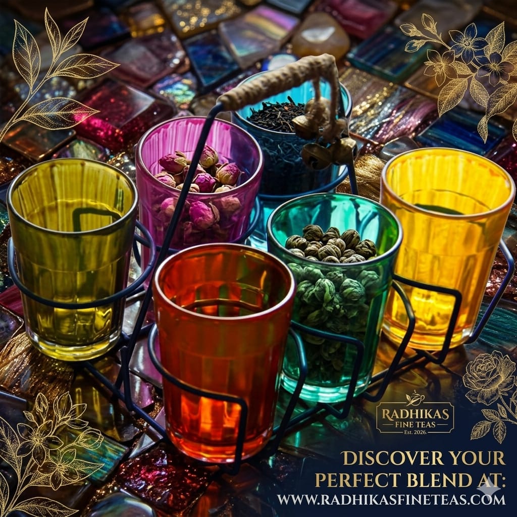 Colorful glass tea cups with tea leaves on a decorative stand, featuring Radhika's Fine Teas branding.