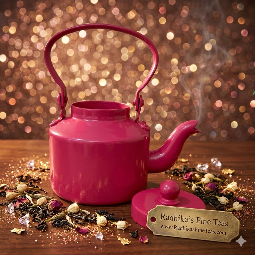 Pink teapot with steam on a wooden surface with tea leaves and Radhika's Fine Teas tag against a sparkling background.