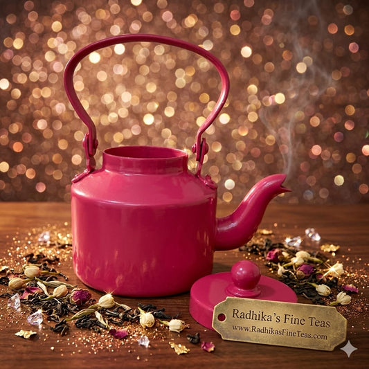 Pink teapot with steam on a wooden surface with tea leaves and Radhika's Fine Teas tag against a sparkling background.