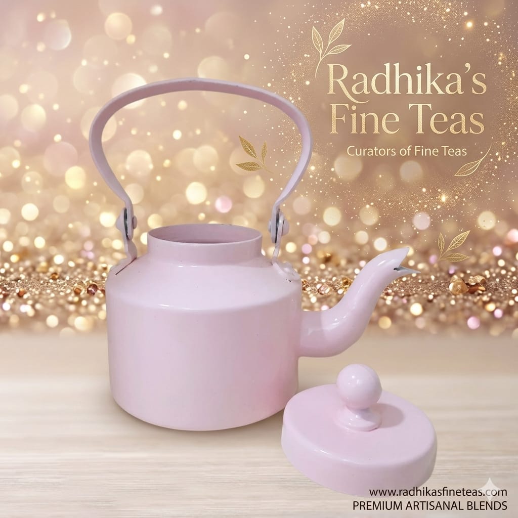 Pink teapot with matching lid on a blurred glittery background with 'Radhika's Fine Teas' branding.