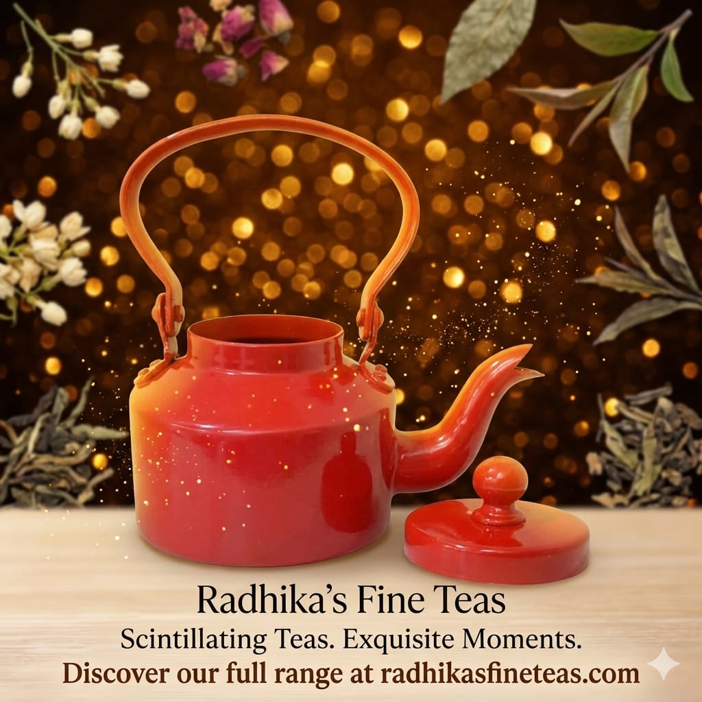 Red teapot with floral and decorative elements on a warm, glowing background