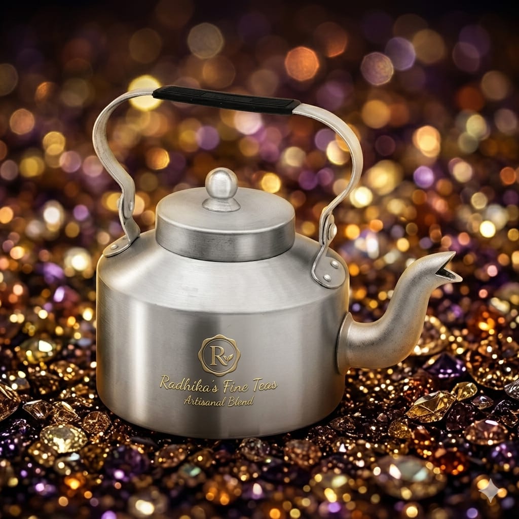 Silver teapot with a blurred, colorful background