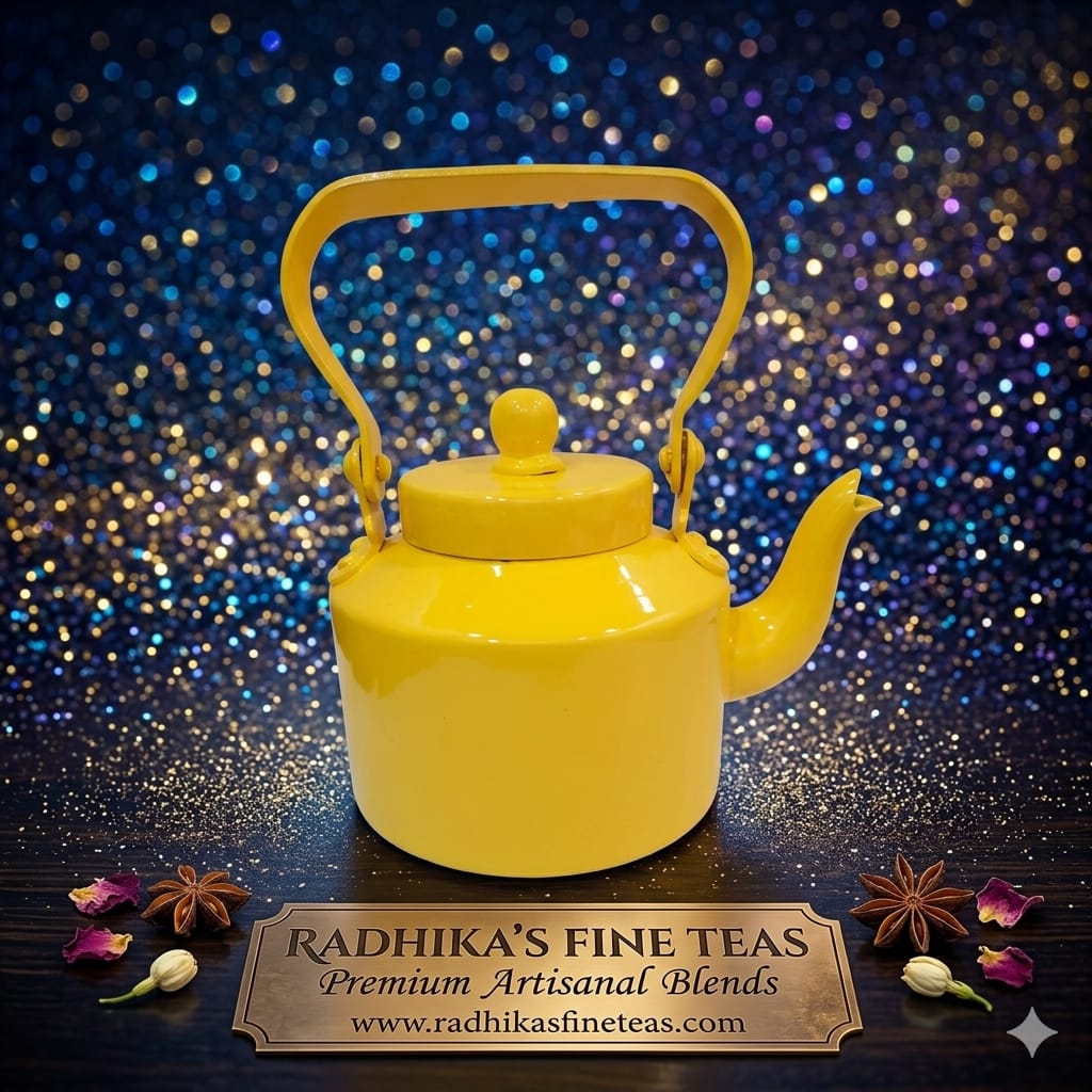 Yellow teapot on a dark surface with a sparkling blue and gold background, featuring Radhika's Fine Teas branding.