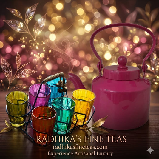 Pink teapot with colorful glass cups on a wooden surface, against a bokeh background with 'Radhika's Fine Teas' branding.