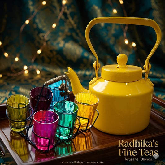 Yellow teapot with colorful glass cups on a tray against a decorative background.