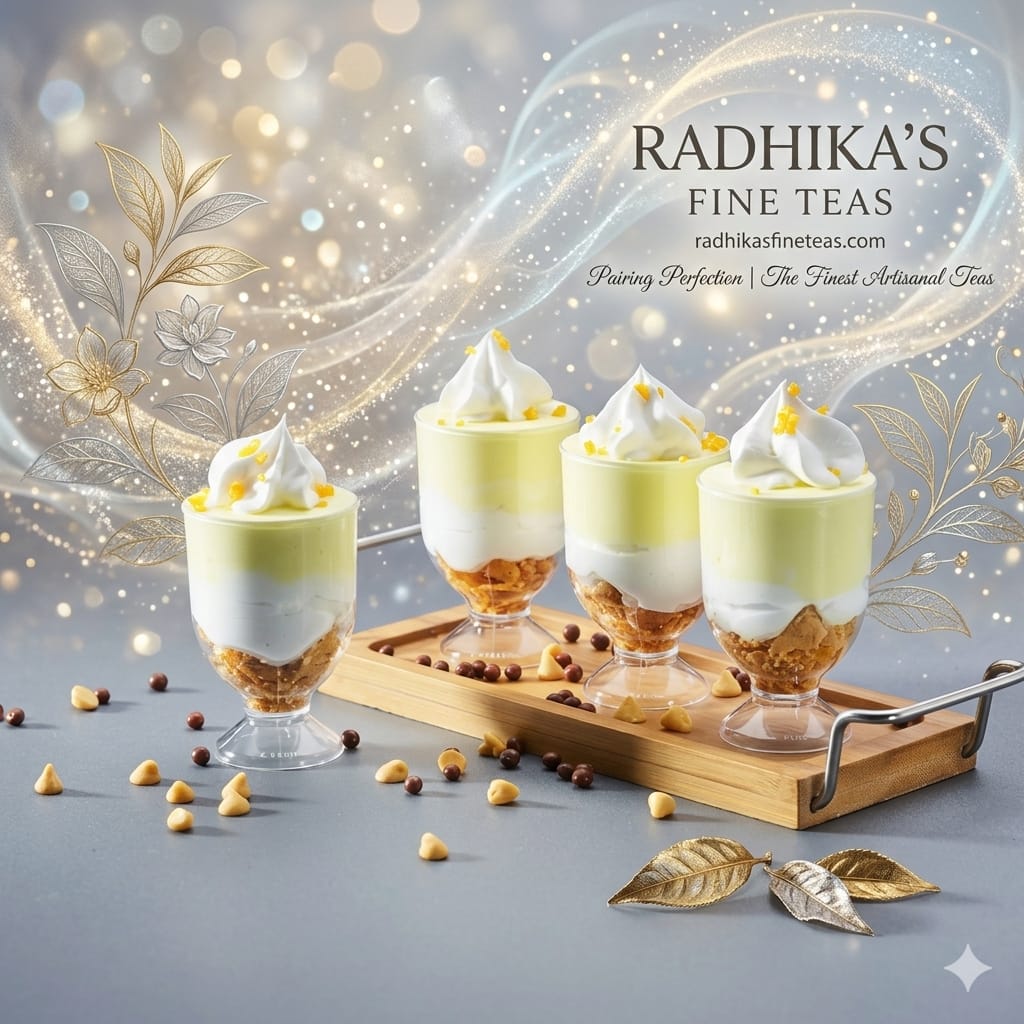 Four dessert glasses with whipped cream and nuts on a wooden tray, branded with Radhika's Fine Teas.