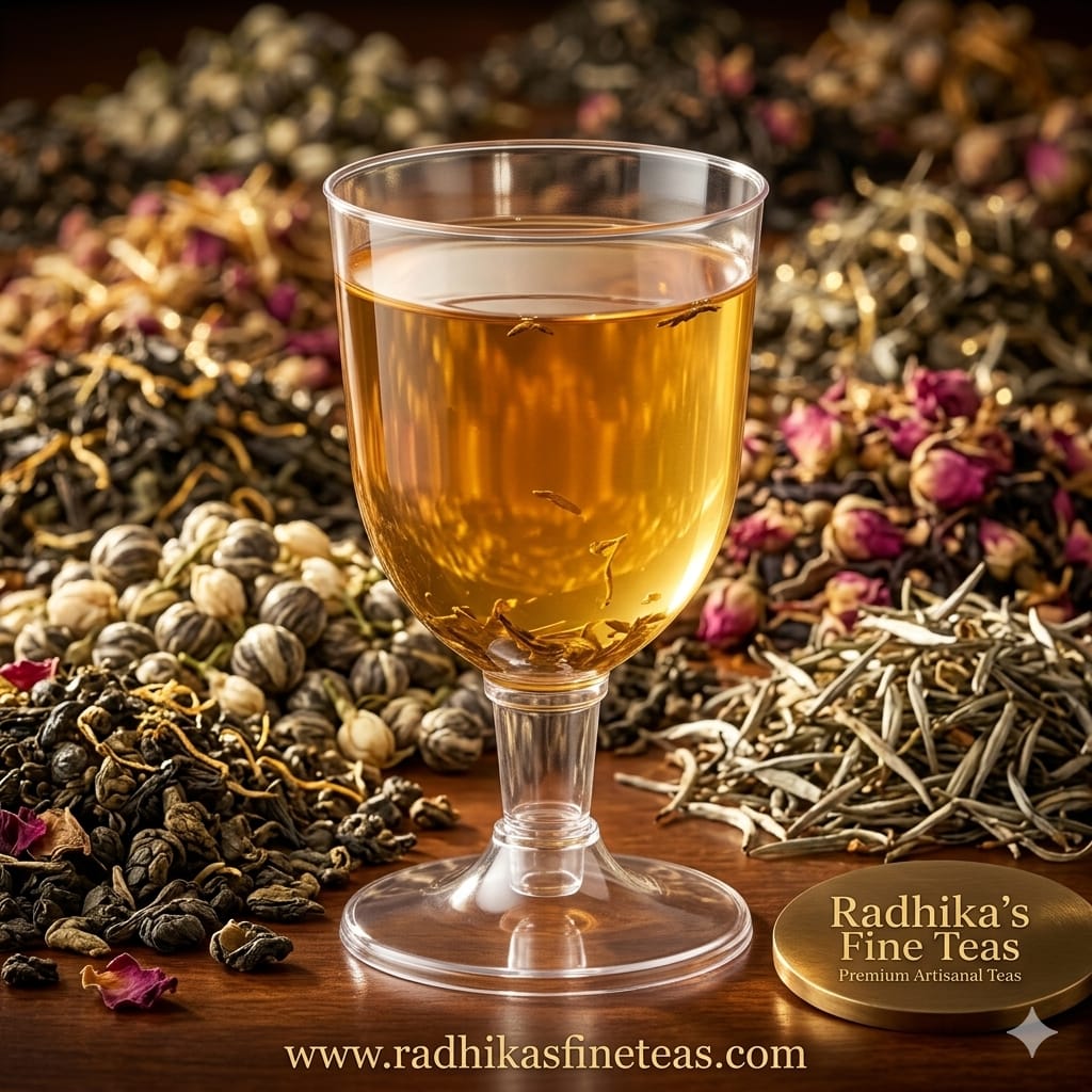 Glass of tea with Radhika's Fine Teas branding and loose tea leaves on a wooden surface.
