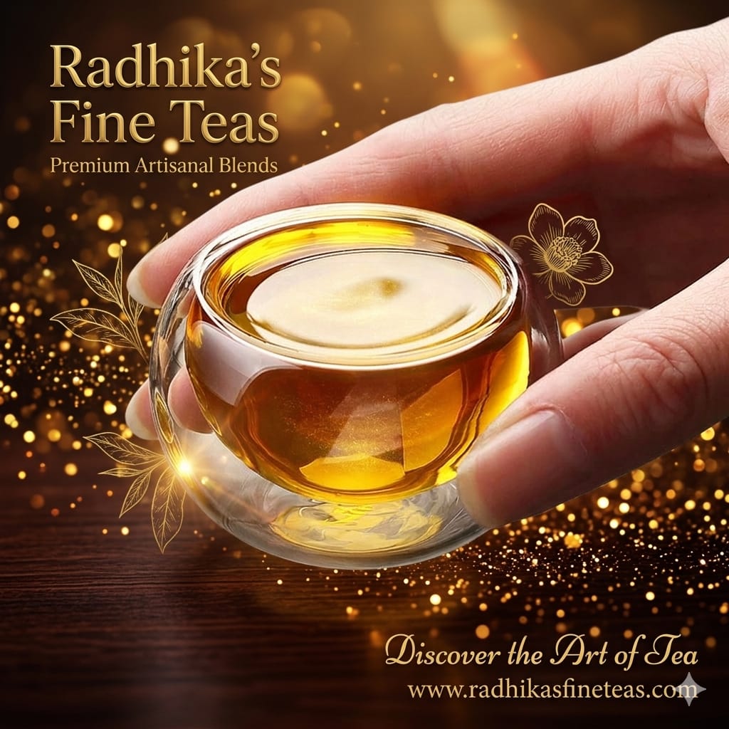 Hand holding a cup of tea with Radhika's Fine Teas branding and a warm, glowing background.