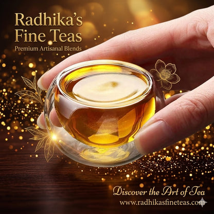 Hand holding a cup of tea with Radhika's Fine Teas branding and a warm, glowing background.