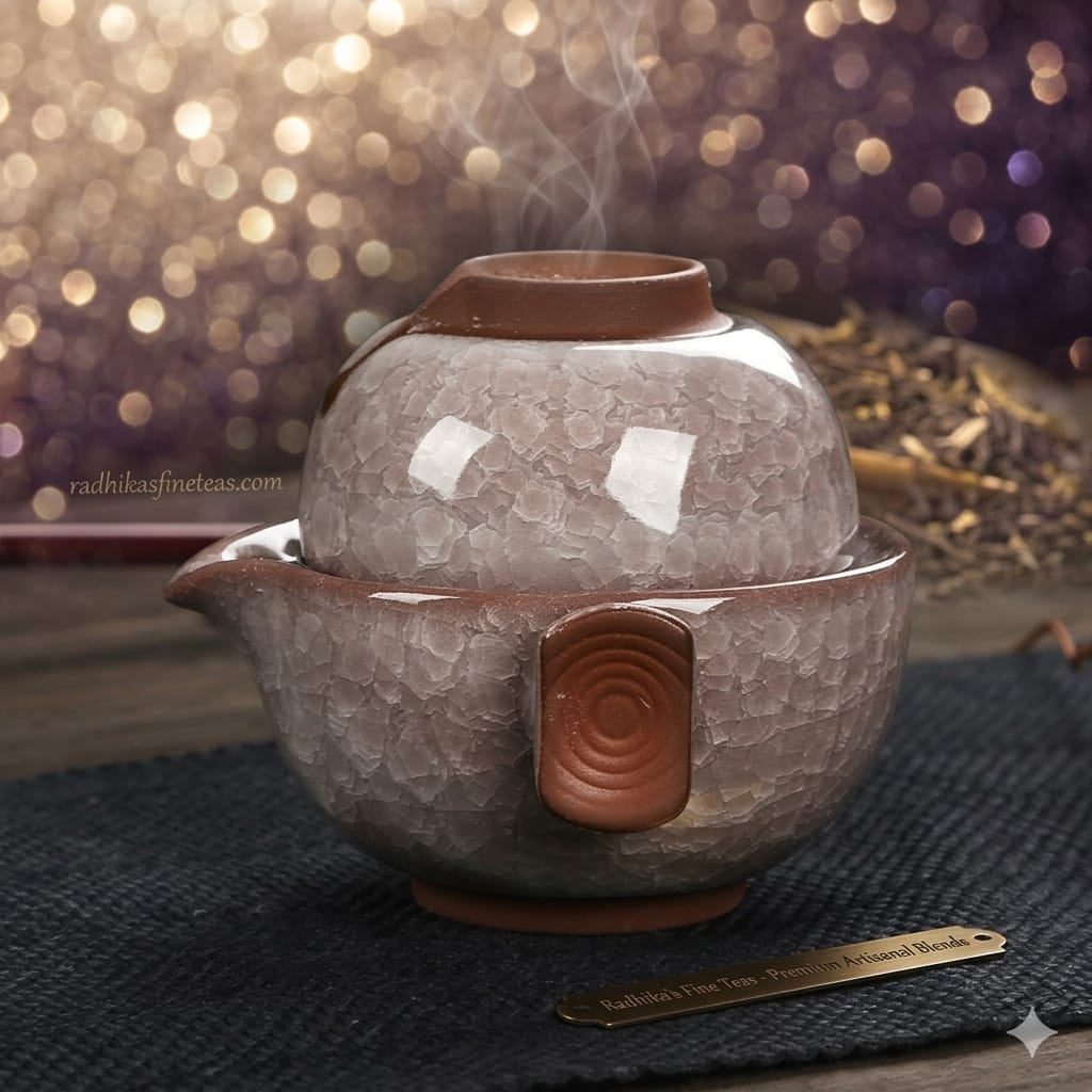 Ceramic teapot with steam rising from it on a dark surface, blurred lights in the background