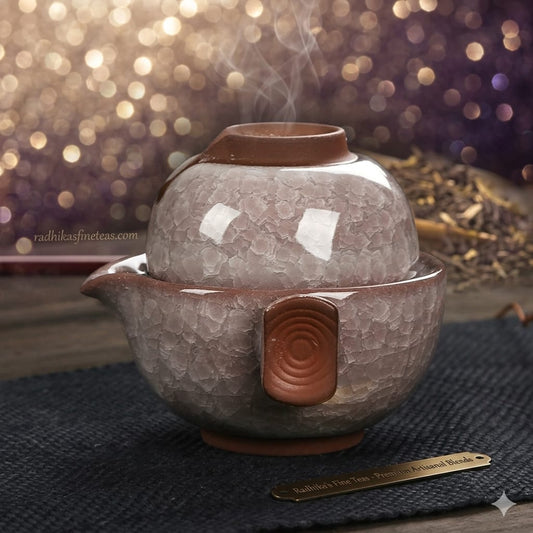 Ceramic teapot with steam rising from it on a dark surface, blurred lights in the background