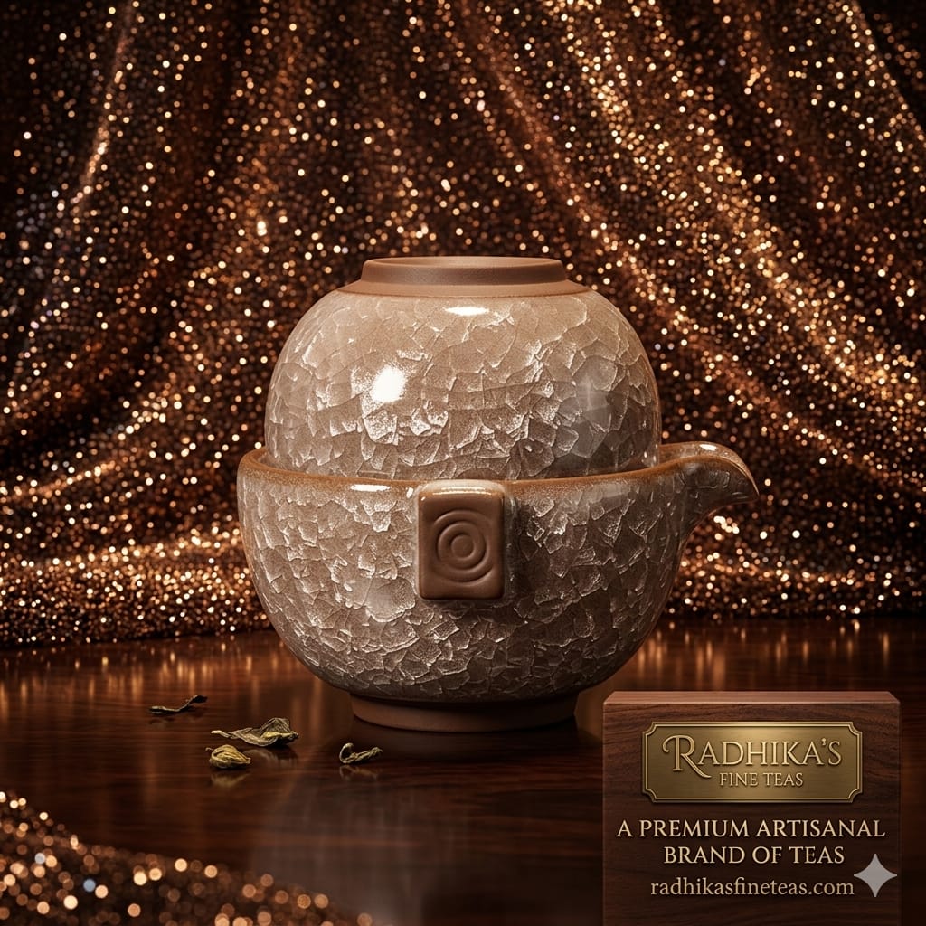 Decorative teapot with a sparkling background and Radhika's Fine Teas branding.