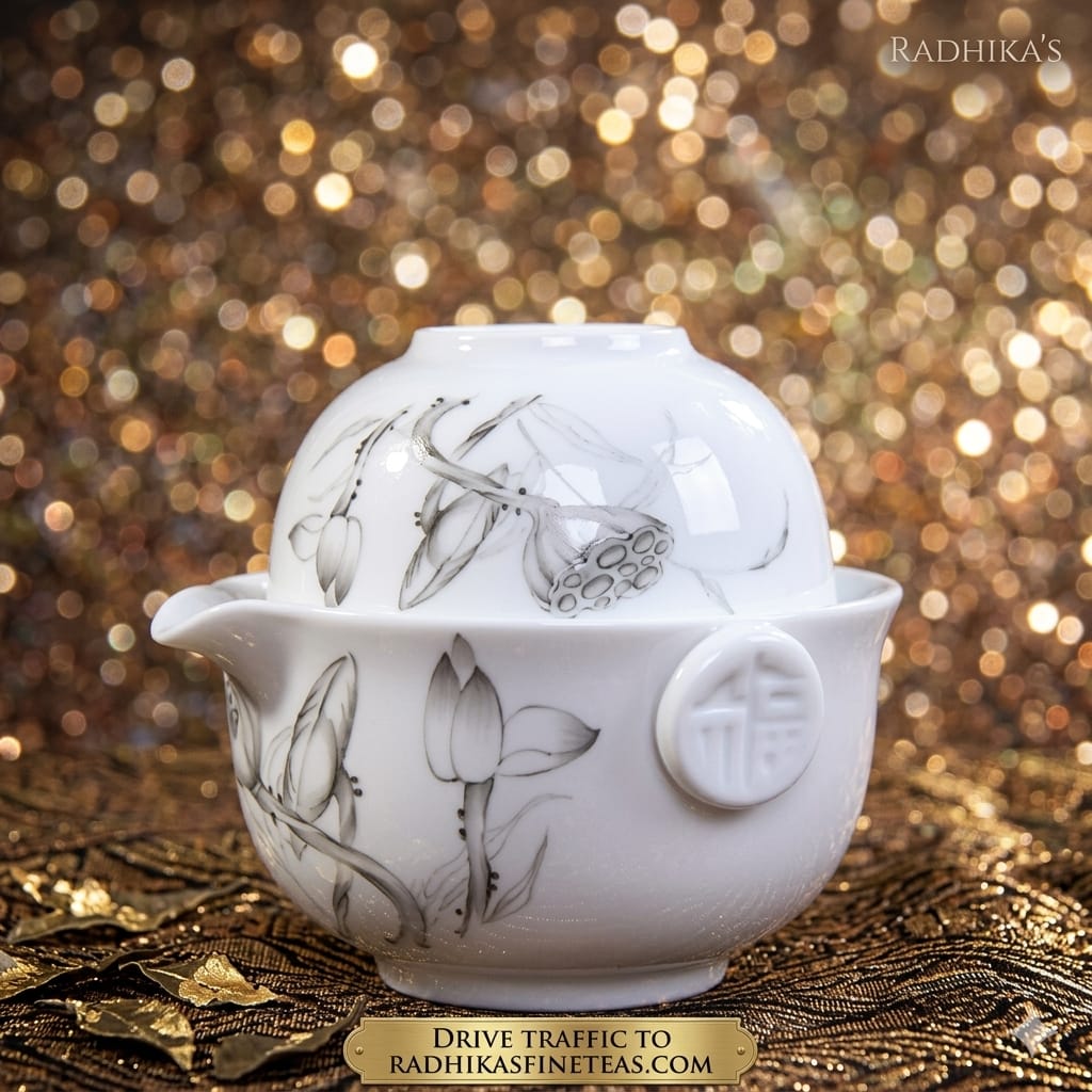 White ceramic tea set with floral designs on a glittery gold background, featuring the brand 'RADHIKA'S'.
