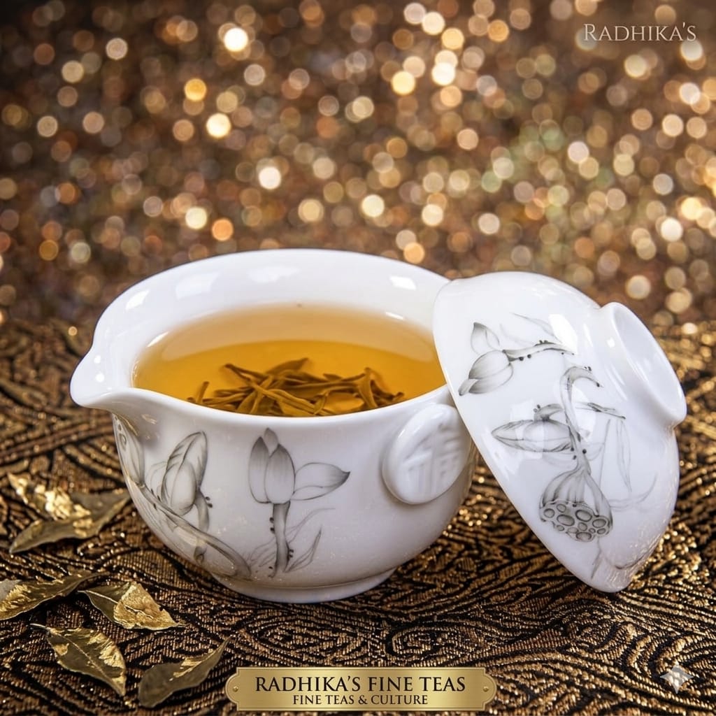 White teacup with floral designs on a gold and brown background, featuring Radhika's Fine Teas branding.