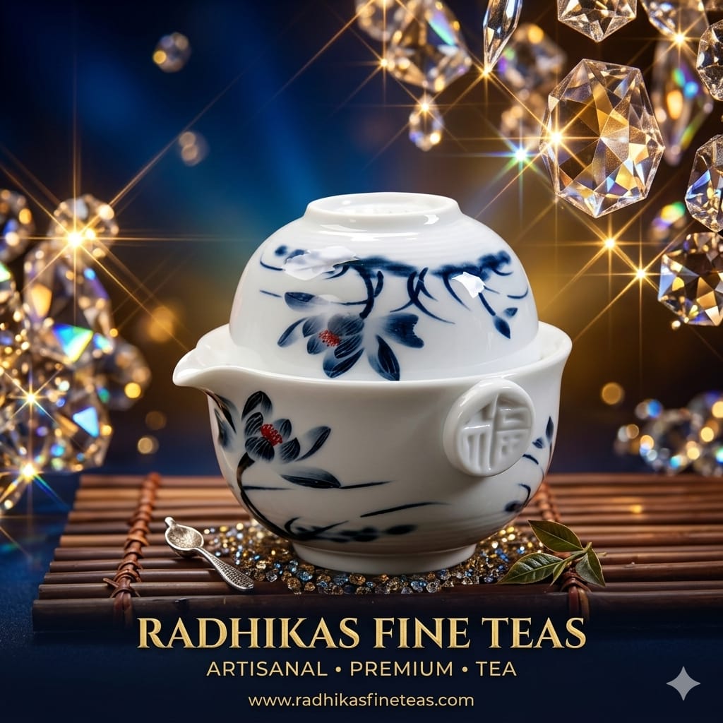 Decorative teapot with floral patterns on a dark background with sparkling elements, featuring Radhika's Fine Teas branding.