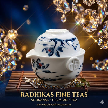Decorative teapot with floral patterns on a dark background with sparkling elements, featuring Radhika's Fine Teas branding.