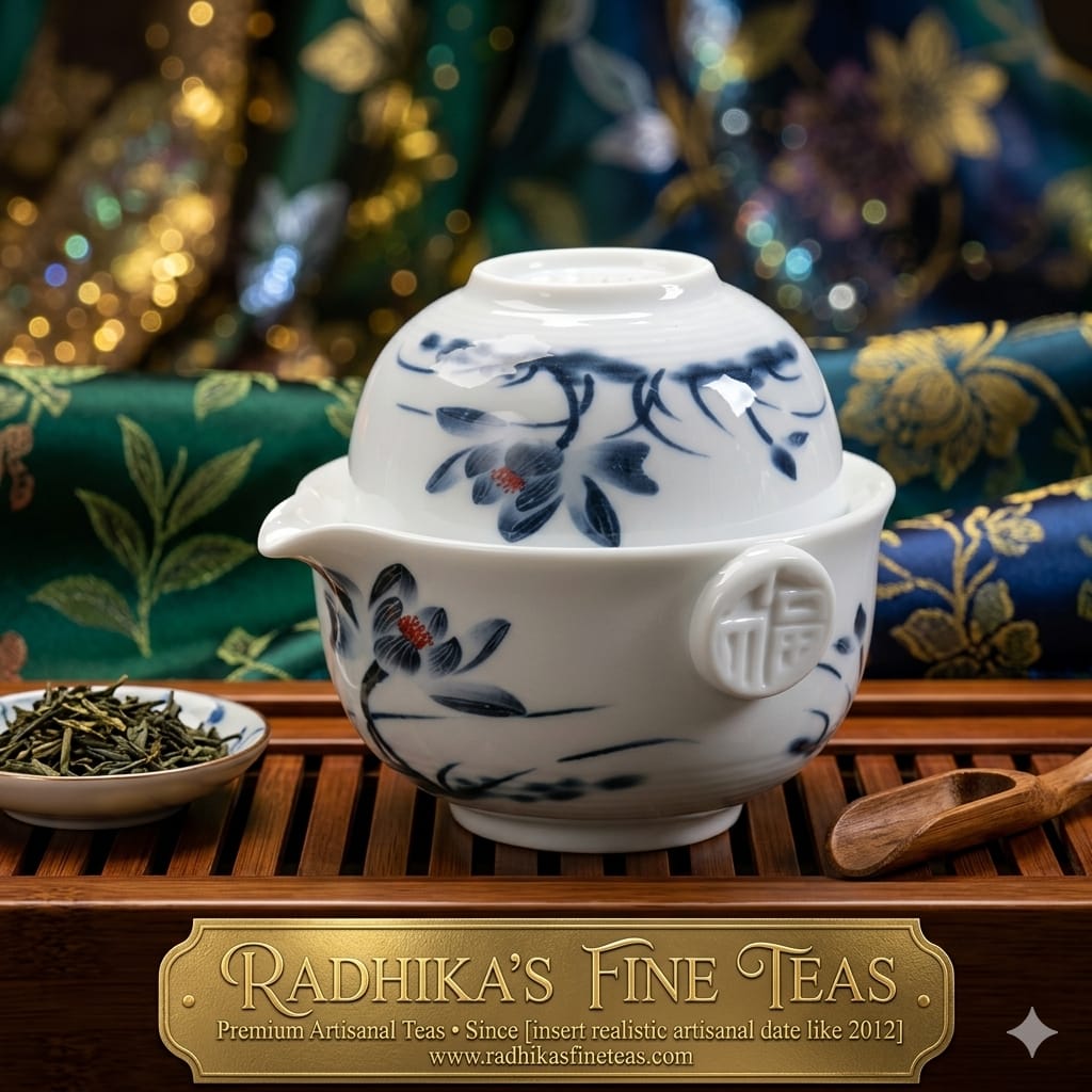 Tea set with floral design on a wooden tray, featuring Radhika's Fine Teas branding.