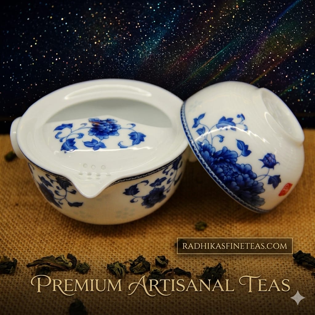 Two blue and white ceramic teapots with floral designs on a dark background with star-like dots.