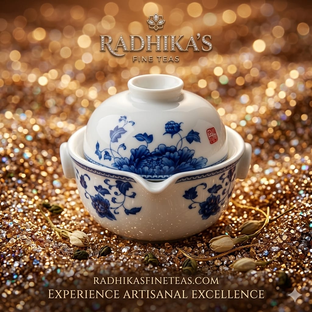 White teapot with blue floral design on a glittery gold background, featuring Radhika's Fine Teas branding.
