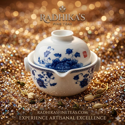 White teapot with blue floral design on a glittery gold background, featuring Radhika's Fine Teas branding.