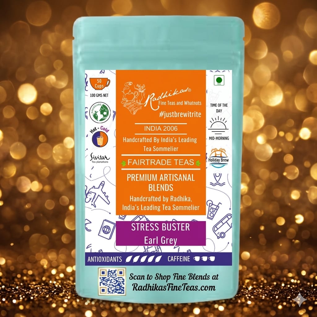 Tea package with Radhika Tea & Wholesets branding on a gold bokeh background