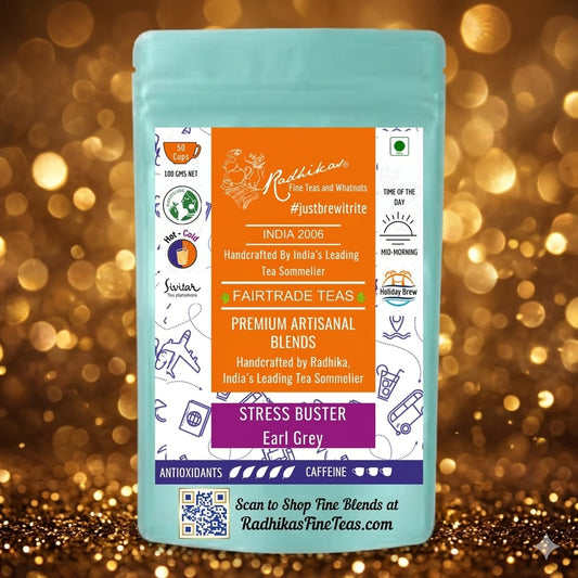 Tea package with Radhika Tea & Wholesets branding on a gold bokeh background