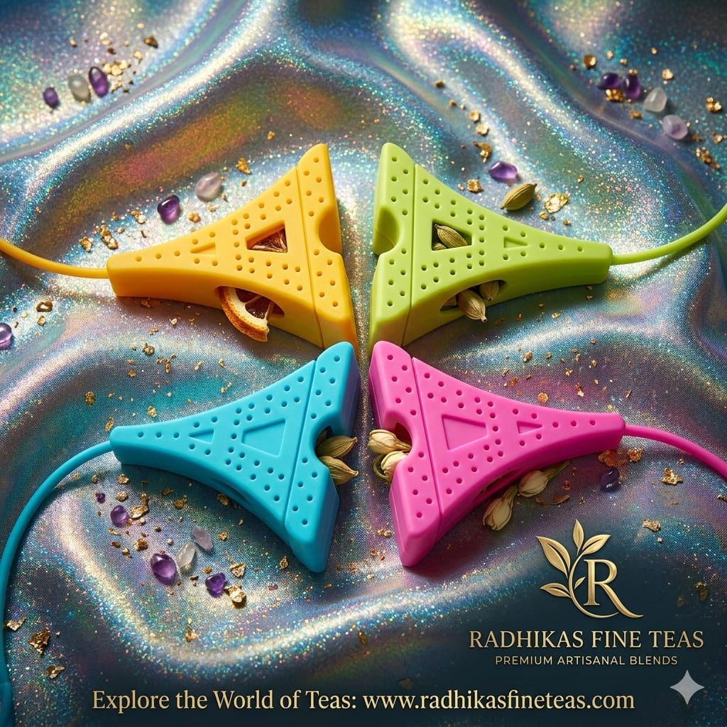 Four colorful tea infusers on a glittery surface with Radhika's Fine Teas branding.