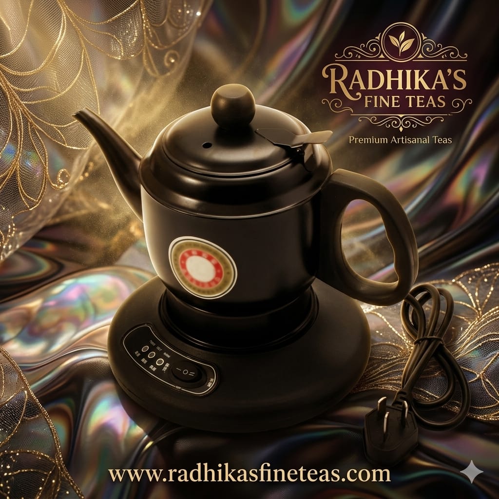 Black electric teapot with a decorative background featuring Radhika's Fine Teas branding.