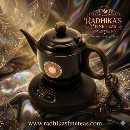 Black electric teapot with a decorative background featuring Radhika's Fine Teas branding.