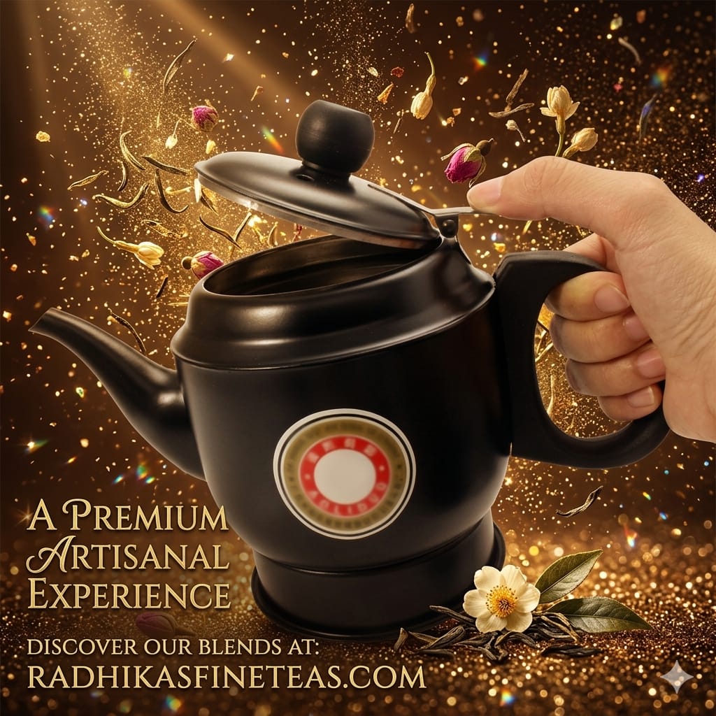 Black teapot with a brand logo held by a hand against a glittery background with tea leaves and flowers.