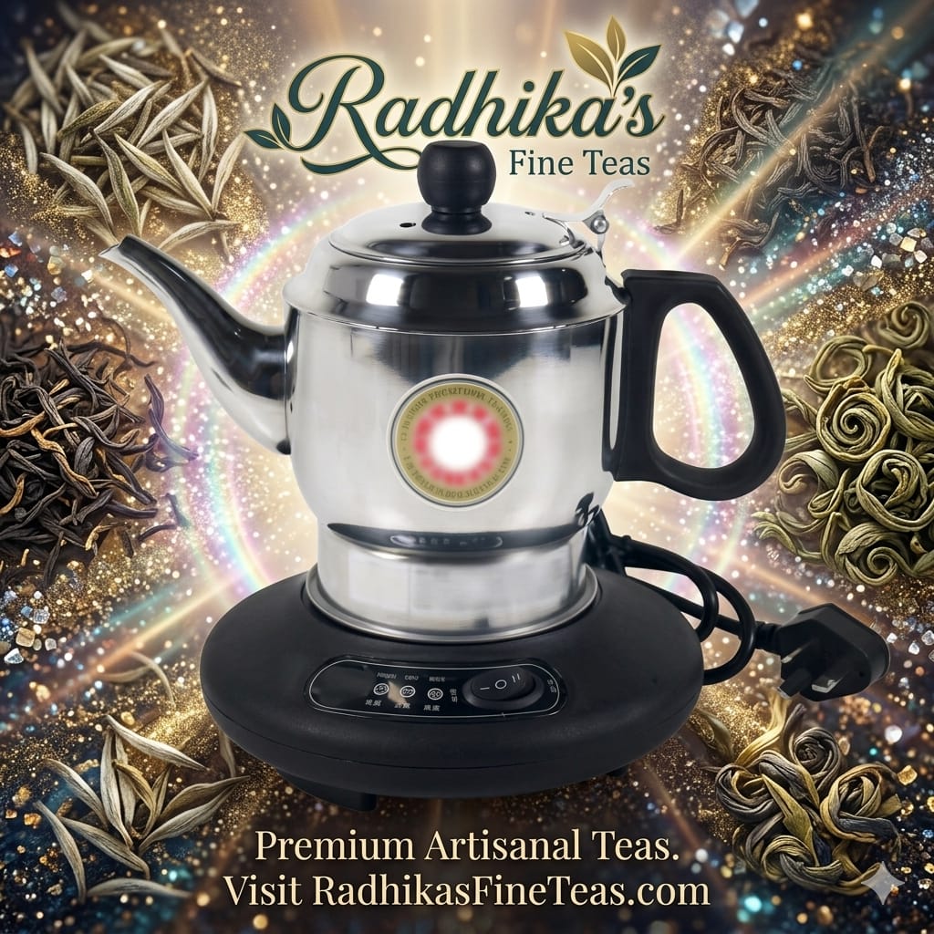 Tea kettle on a stand with Radhika's Fine Teas branding and tea leaves in the background.