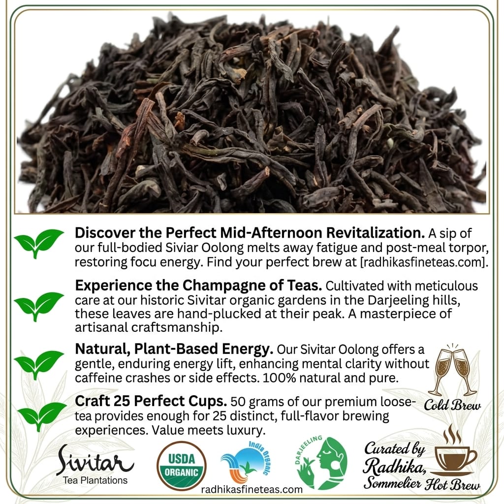Sivitar black tea leaves with product description and branding on a white background