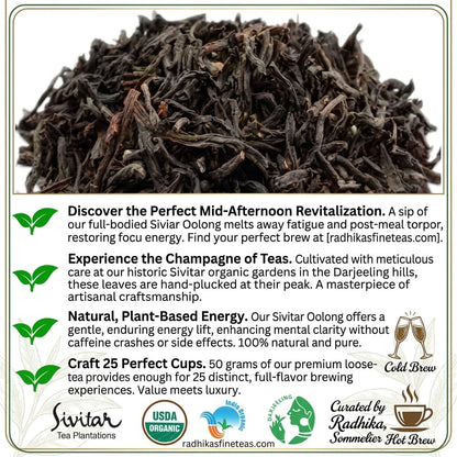 Sivitar black tea leaves with product description and branding on a white background