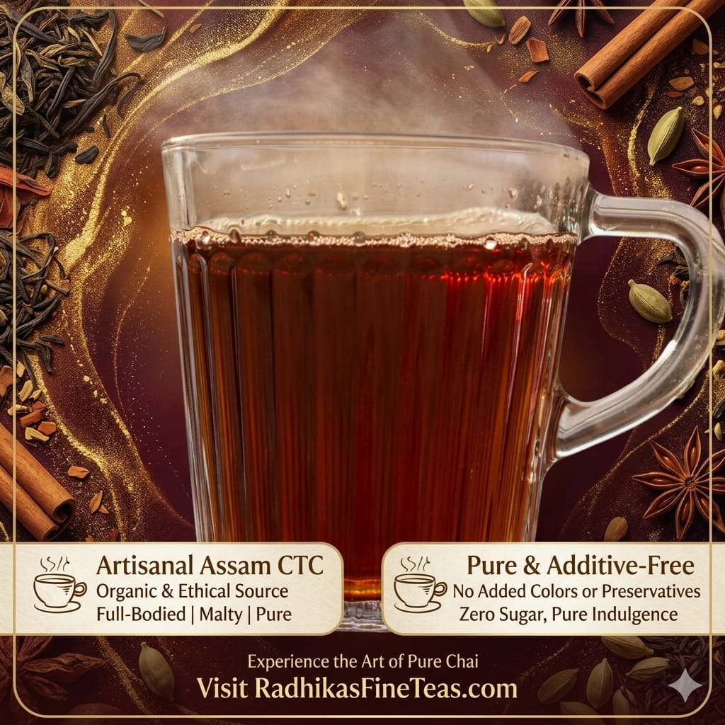 Glass mug of steaming tea surrounded by tea leaves and spices with promotional text for Radhika's Fine Teas.