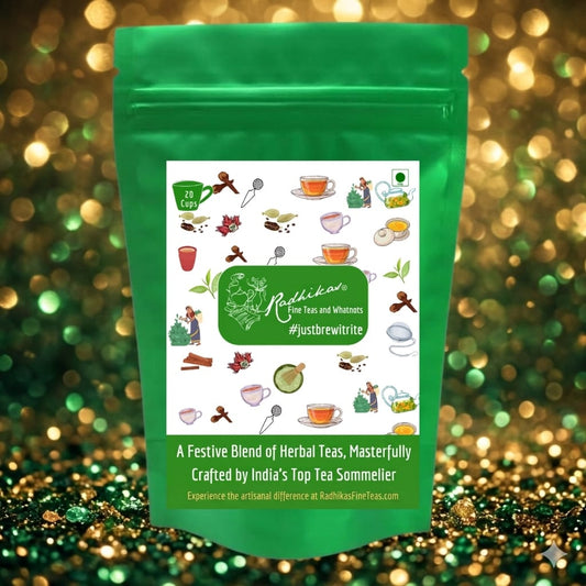 Green tea package with colorful illustrations on a glittery gold and green background