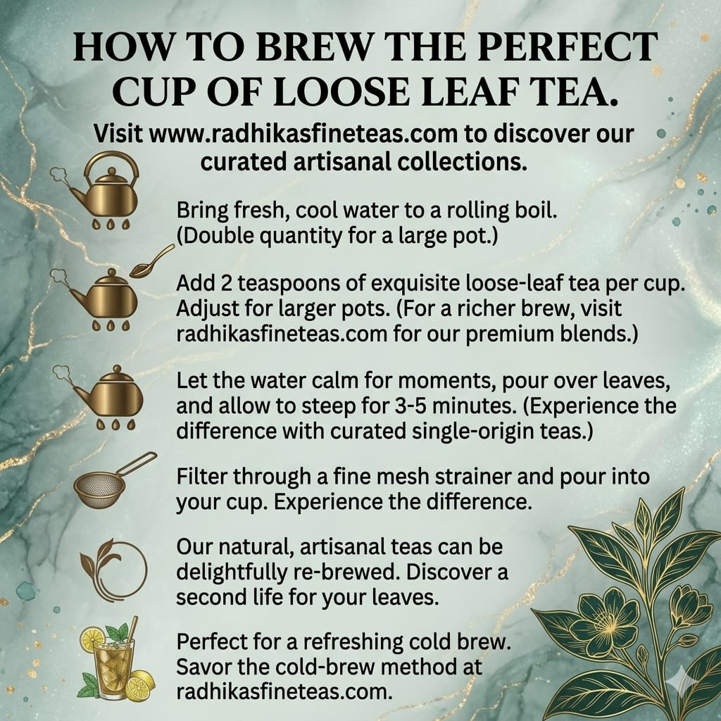 Instructions on how to brew the perfect cup of loose leaf tea with decorative elements and a website URL.