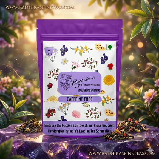 Tea package with floral designs and text on a nature-themed background