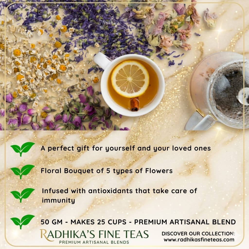 Tea cup with lemon slice, flowers, and teapot on a decorative background with text about Radhika's Fine Teas.