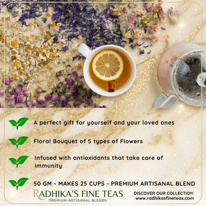 Tea cup with lemon slice, flowers, and teapot on a decorative background with text about Radhika's Fine Teas.