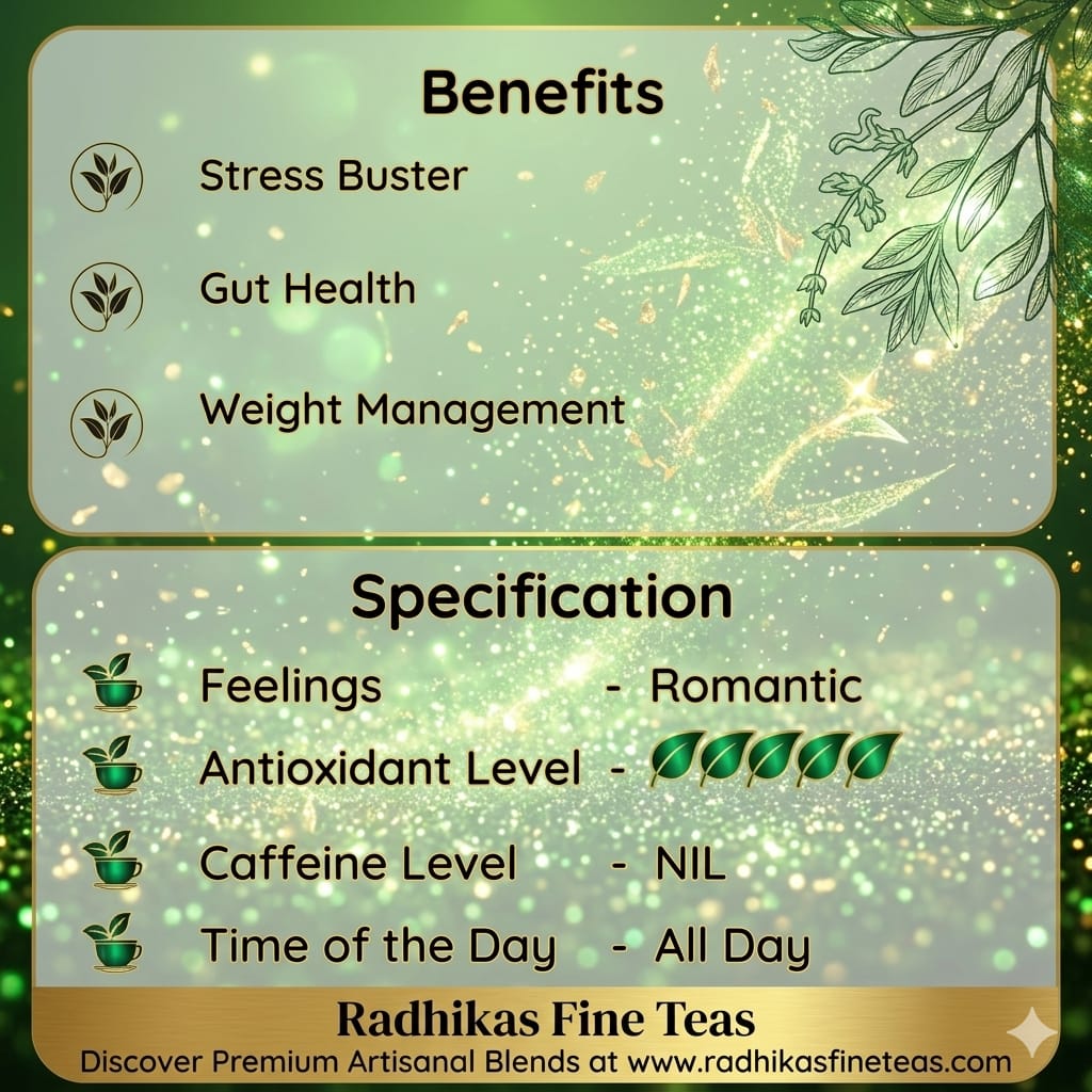 Tea benefits and specifications with a green leaf design on a green background