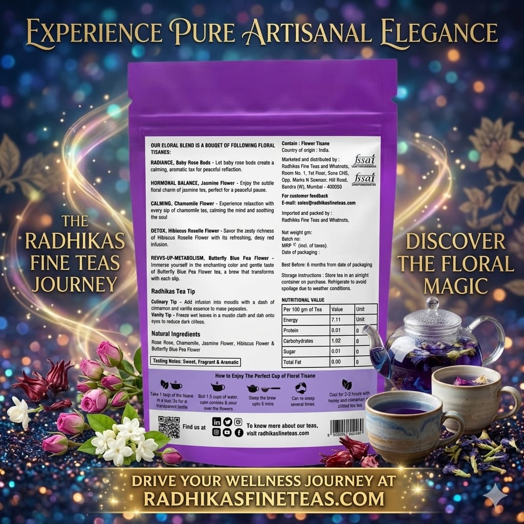 Purple tea packaging with floral elements and teacup on a decorative background