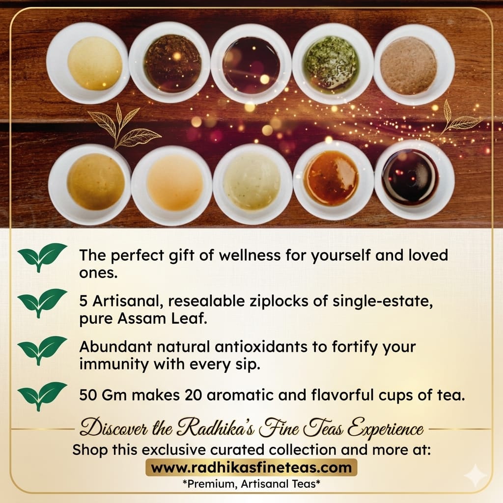 Tea packaging with various tea types and promotional text on a wooden background