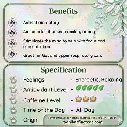 Tea benefits and specifications with decorative elements on a light green background